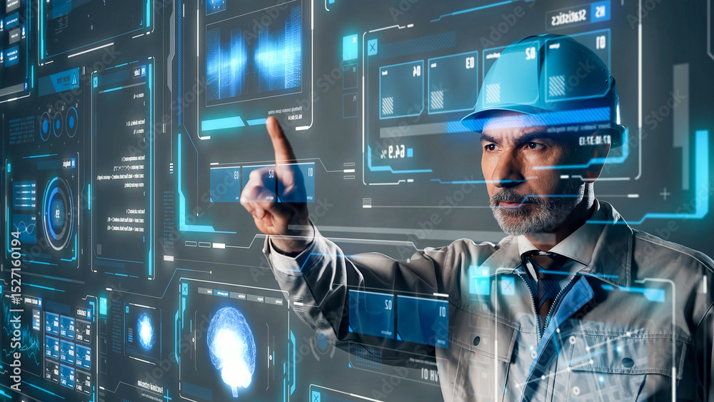Aufkleber Conceptual visual of a middle-aged Caucasian engineer operating a futuristic interface screen