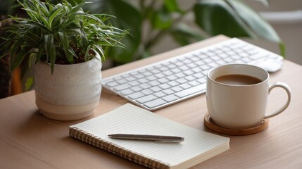 Minimal home office setup featuring a tidy desk with a wireless keyboard, notepad, coffee, and a green plant