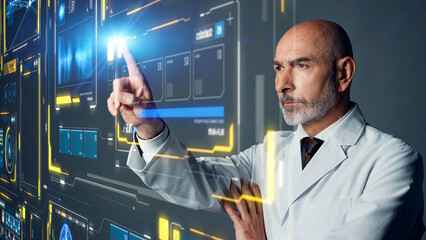 Conceptual visual of a middle-aged Caucasian man in a white coat operating a futuristic interface screen
