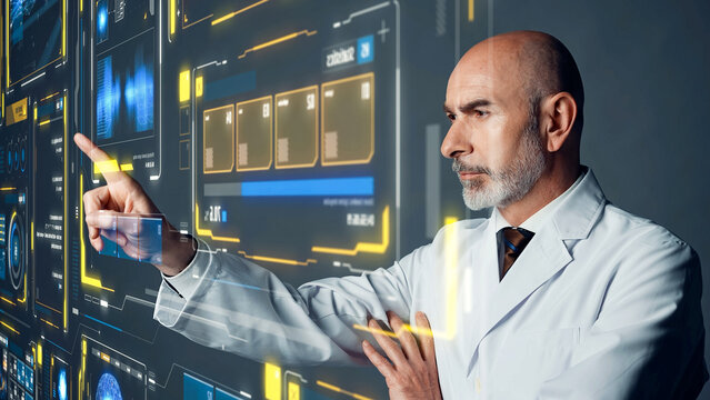 未来的なインターフェース画面を操作する白衣を着た外国人男性のコンセプトビジュアル