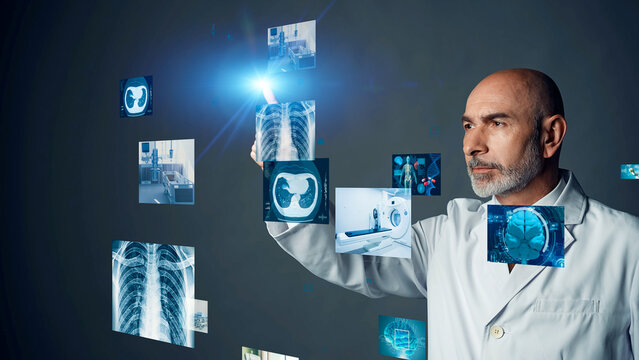 Conceptual visual of a middle-aged Caucasian doctor looking at a medical screen