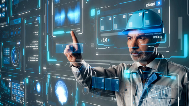 Conceptual visual of a middle-aged Caucasian engineer operating a futuristic interface screen