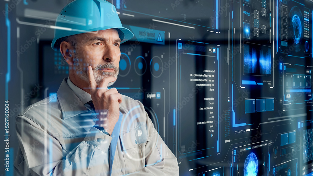 Aufkleber Conceptual visual of a middle-aged Caucasian engineer looking at a futuristic interface