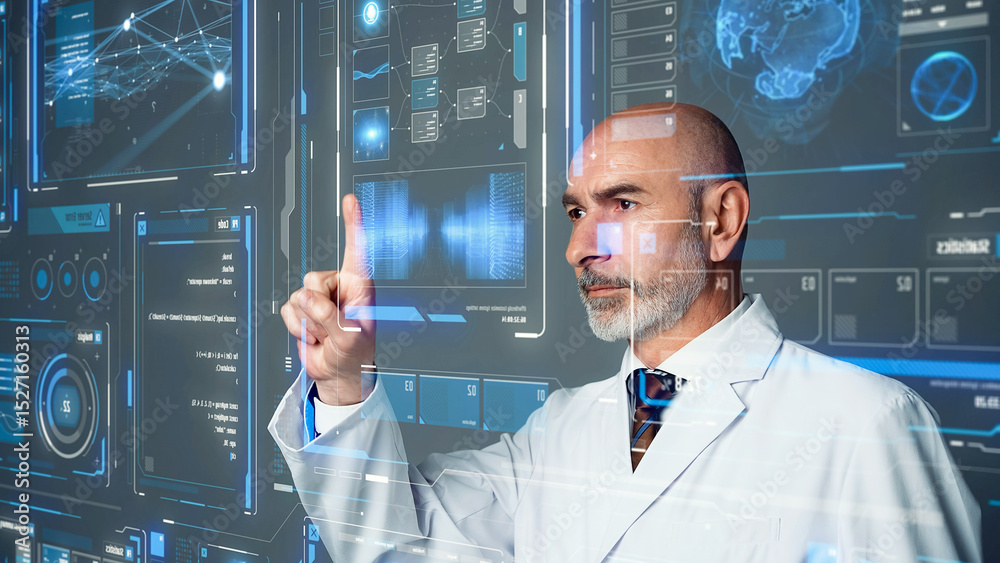 Aufkleber conceptual visual of a middle-aged caucasian man in a white coat looking at a futuristic interface