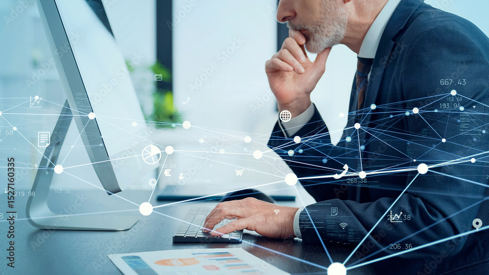 Aufkleber Conceptual visual of a middle-aged Caucasian man working in an office and a communication network