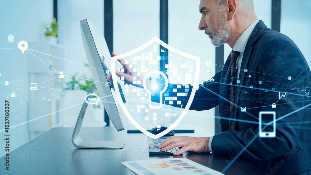 Poster cyber ​​security concept visual with a middle-aged caucasian man working in an office