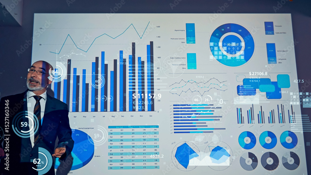 Poster Conceptual visual of a middle-aged Caucasian man giving a presentation and statistical data