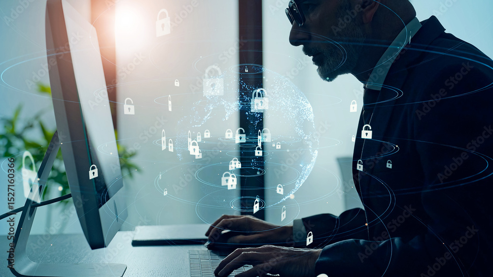 Leinwandbilder Conceptual visual of network security with a man working in an office