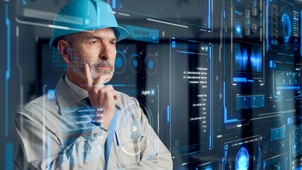 Conceptual visual of a middle-aged Caucasian engineer looking at a futuristic interface