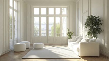 Fototapeta premium bright and airy contemporary living room featuring large windows, white sofa, and minimalist