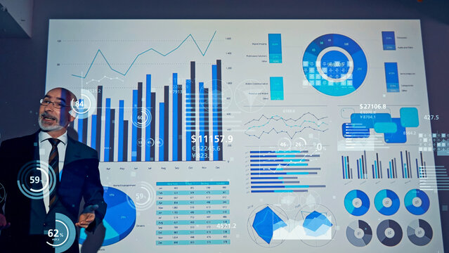 Conceptual visual of a middle-aged Caucasian man giving a presentation and statistical data - Powered by Adobe