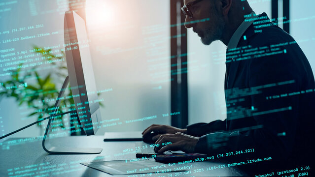 Conceptual visual of a man working in an office with programming code