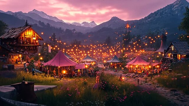 Enchanting festival in a mountainous landscape at dusk