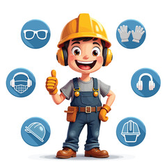 Cartoon construction worker safety gear equipment illustration for workplace health and safety tips