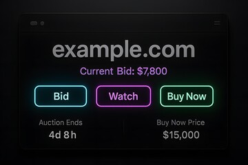 An online auction interface with example website details, including current bid, action options, and buy now information