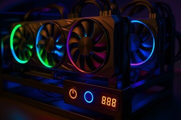 A close-up of a cryptocurrency mining rig with multiple graphics cards illuminated by colorful LED lights