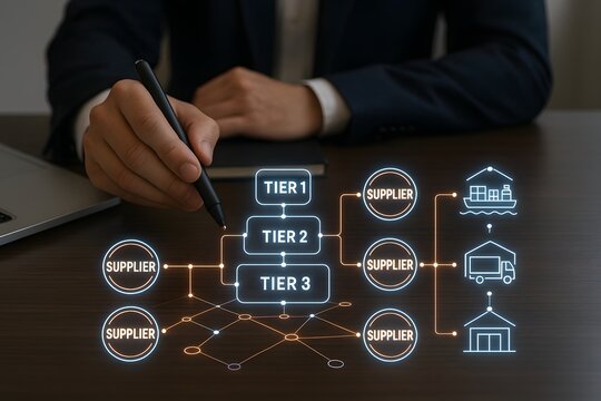 The concept of supply chain tier illustrated with a hand using pen