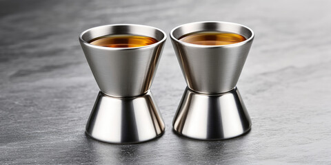 Two stainless steel jiggers filled with a brown liquid are placed side by side on a textured surface. Bartending tools and mixology concept