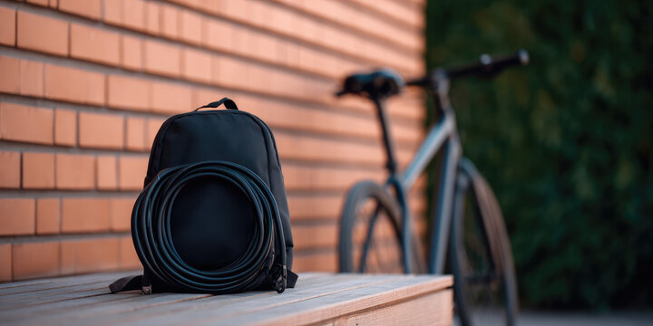 Backpack with a coiled cable sits on a wooden bench near a bicycle against a brick wall. Outdoor travel gear concept