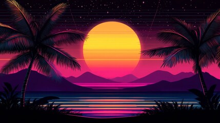 Naklejka premium Retro sunset scene with palm trees, mountains, and ocean.