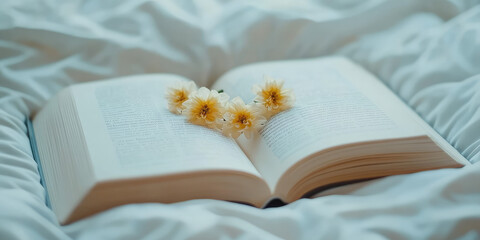 An open book rests on soft white fabric with small yellow flowers placed on its pages. Relaxation and reading