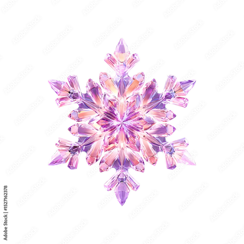 Poster a stunning multi faceted crystal snowflake in shades of vibrant purple and soft pink emitting a mesm