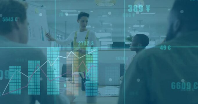 Presenter entering and pointing chart while graphs rising over team explaining business metrics