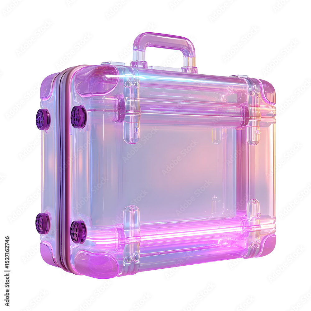 Poster a sleek and modern suitcase with a striking iridescent crystal like appearance and soft glowing ligh