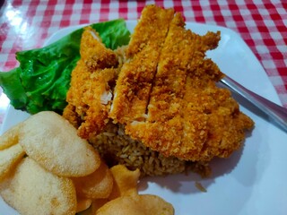 Fried rice with chicken katsu on a white plate.