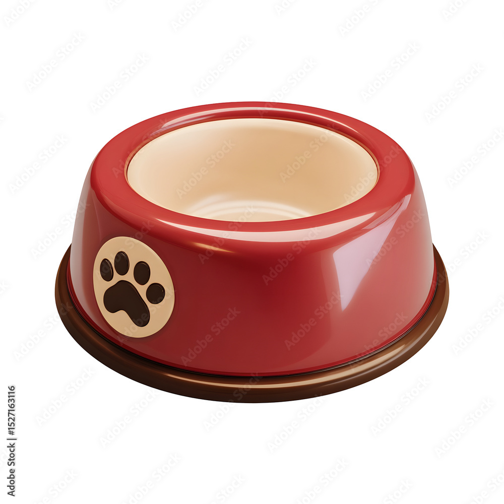 Poster vibrant red plastic pet food bowl with a brown paw print design on the front and a cream colored rim