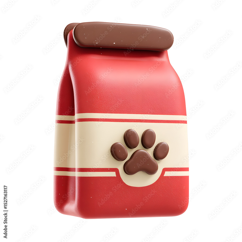 Poster stylized 3d rendering of a red pet food bag with cream stripes and an embossed brown paw print icon 