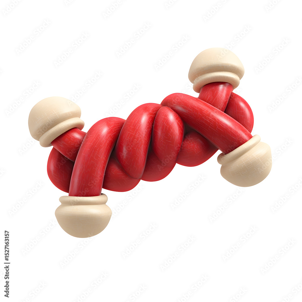 Poster Colorful and textured twisted rope shaped dog chew toy in red and cream colors with a soft and durable design for interactive play and pet stimulation