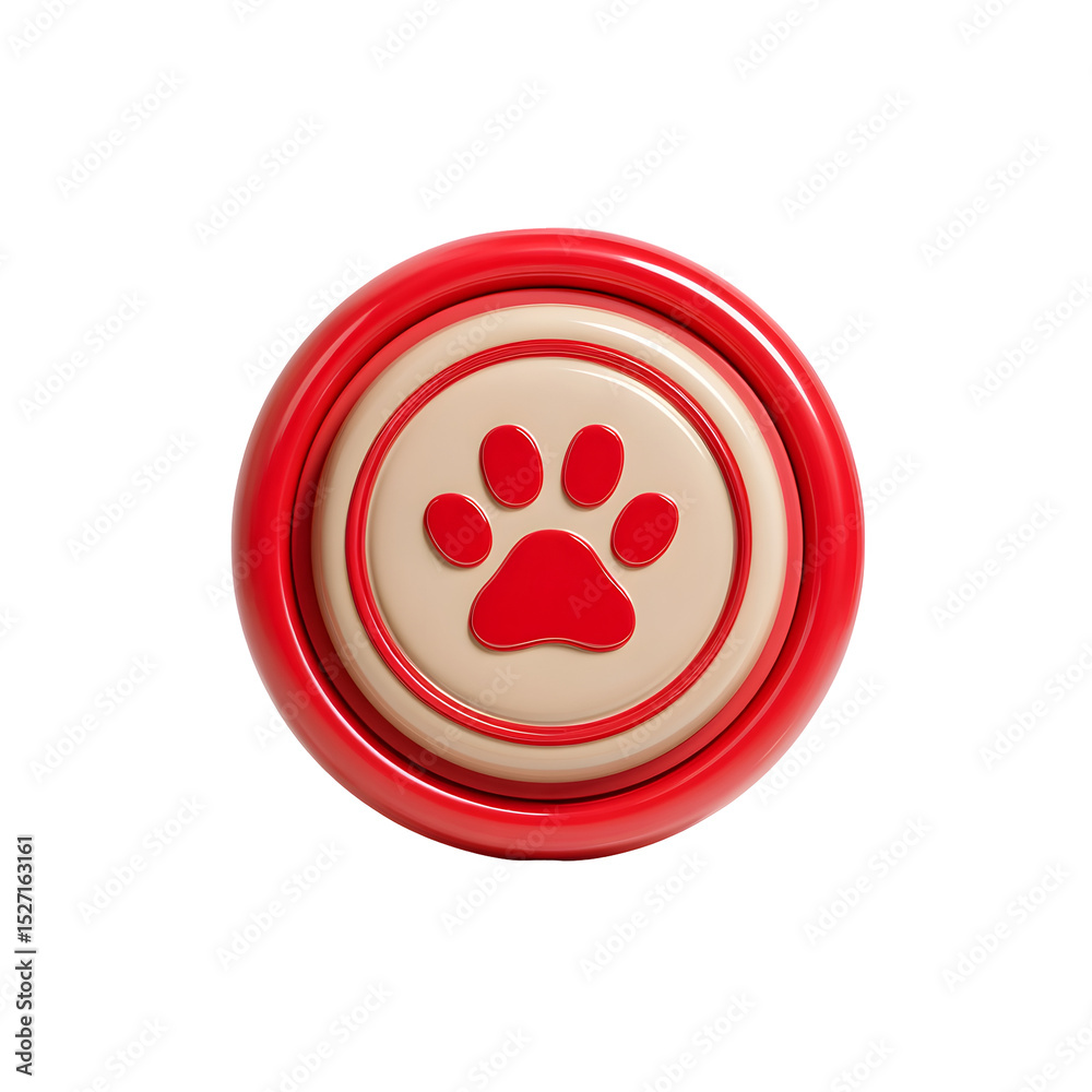 Poster stylized 3d of a bright red pet with a cream edge and an embossed paw symbol in the center creating 