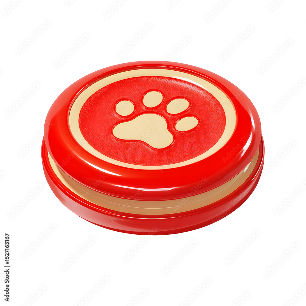 Poster vibrant red circular pet with an embossed cream paw symbol an aerodynamic design for outdoor play an