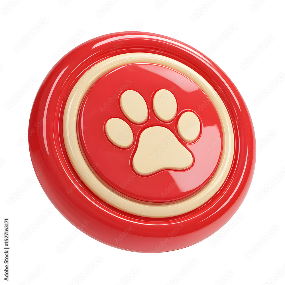 Poster A vibrant red toy with a cream colored edge and an embossed paw print symbol designed for pet play and outdoor activities