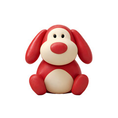 Adorable 3D rendered image of a red soft and squeezable dog shaped plush toy with a cream colored belly presented in a simple minimal studio setup with a neutral background