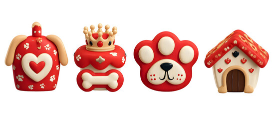A set of five vibrant cartoon inspired decorative icons featuring pet themed designs such as a heart shaped paw print a crown topped bone a smiling dog head a stylized paw and a miniature dog house