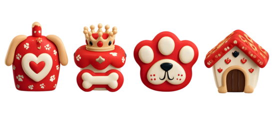 A set of five vibrant cartoon inspired decorative icons featuring pet themed designs such as a heart shaped paw print a crown topped bone a smiling dog head a stylized paw and a miniature dog house