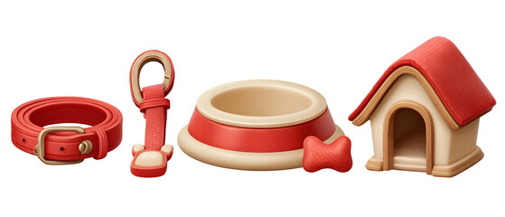 A 3D cartoon inspired icon set of five pet accessories including a red leash pet tag food bowl with cream edge red squeaky toy and an alternate dog house design