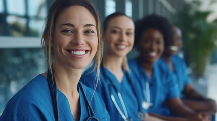 close-up of multicultural group of young female nurses in matching blue scrubs with stethoscopes, smiling and sitting in a well-lit hospital corridor
