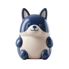 Playful 3D of a soft squeaky dog shaped toy in a minimalist cartoon inspired design with a dark blue body and cream colored belly