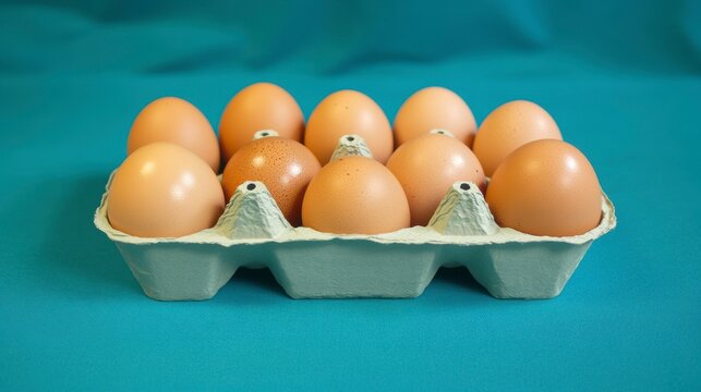 Ten brown eggs in a cardboard carton on a teal background.