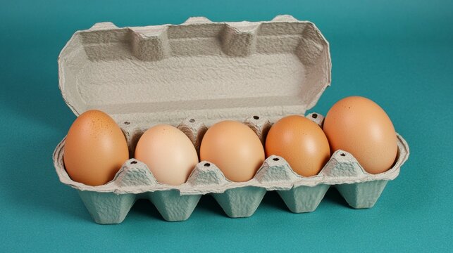 Five brown eggs in a partly opened cardboard egg carton against a teal background. - Powered by Adobe