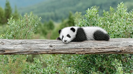 Fototapeta premium A sleepy panda cub rests peacefully on a log.