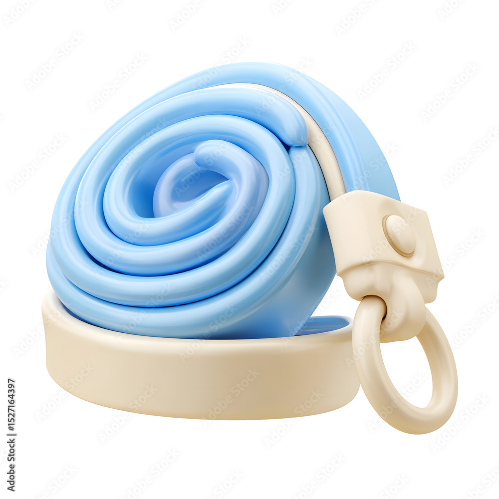 Poster A soft rounded 3D icon of a pastel blue dog leash with a cream colored clasp and loop handle featuring a coiled toy like design in a minimalist cartoon inspired style