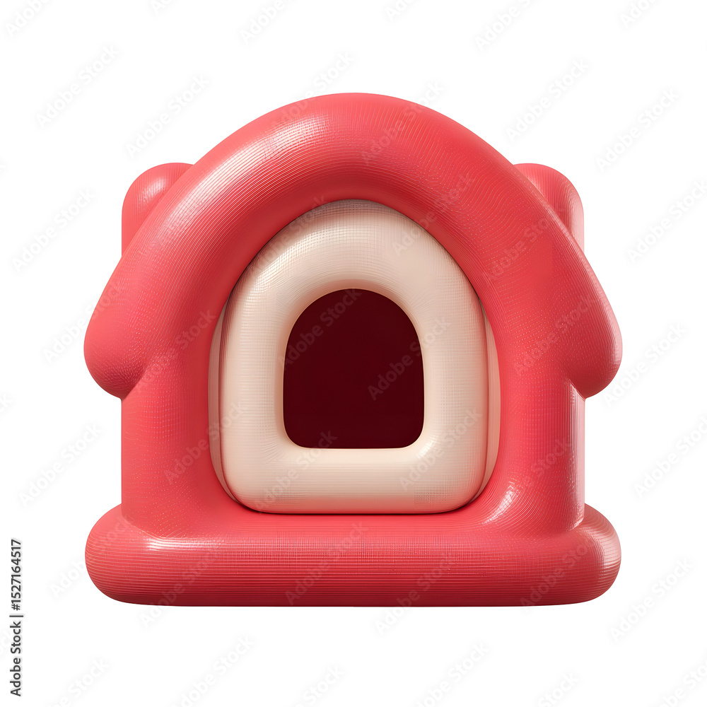 Poster whimsical 3d rendered icon of a soft pastel red plastic cat house with a cute rounded shape and mini