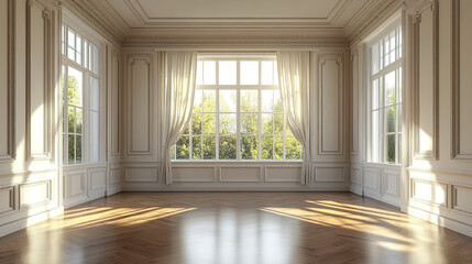 Fototapeta premium Elegant and modern interior of spacious room with large windows and natural light