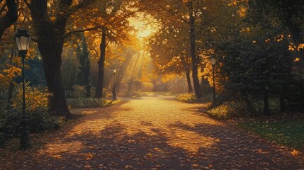 Obraz premium Golden autumn park path bathed in sunlight