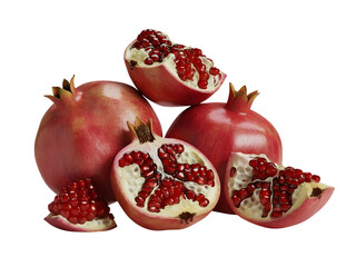 Ripe pomegranates, some halved, isolated on transparent background