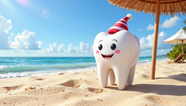 Cheerful cartoon tooth character wearing a party hat on a sunny beach with ocean waves and a blue sky background